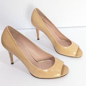 Stuart Weitzman Baton Leather Peep‎ Toe Pumps Sz 9 Adobe Nude Heel Formal Career